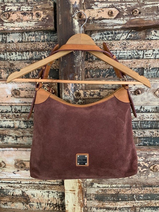 Dooney & Bourke Handbags - Dooney & Bourke Suede Leather Shoulder Hobo Bag, Brown Wine Slouch Tan Trim